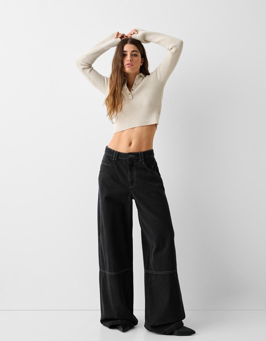 Wide-leg skater-fit twill trousers-Grey