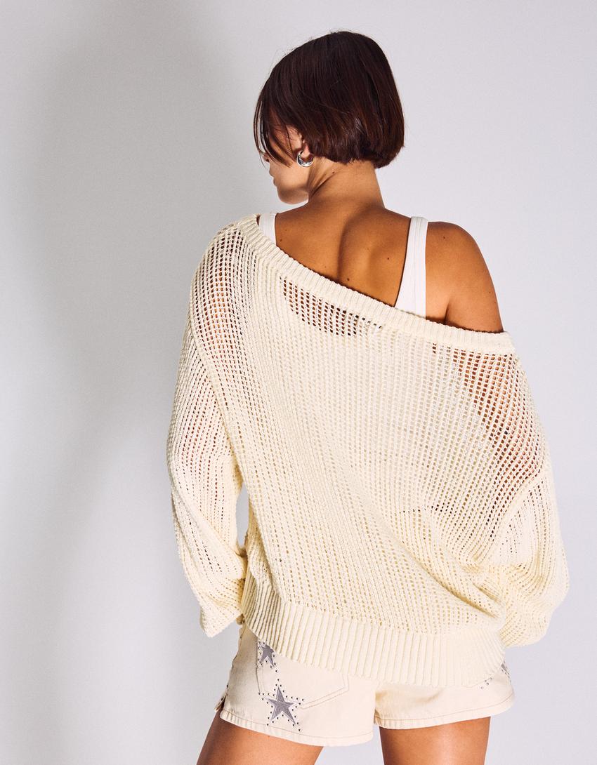 Rustic openwork sweater-Cream