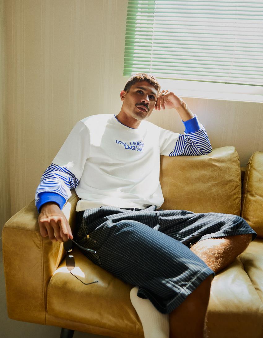 Printed double sleeve T-shirt-White