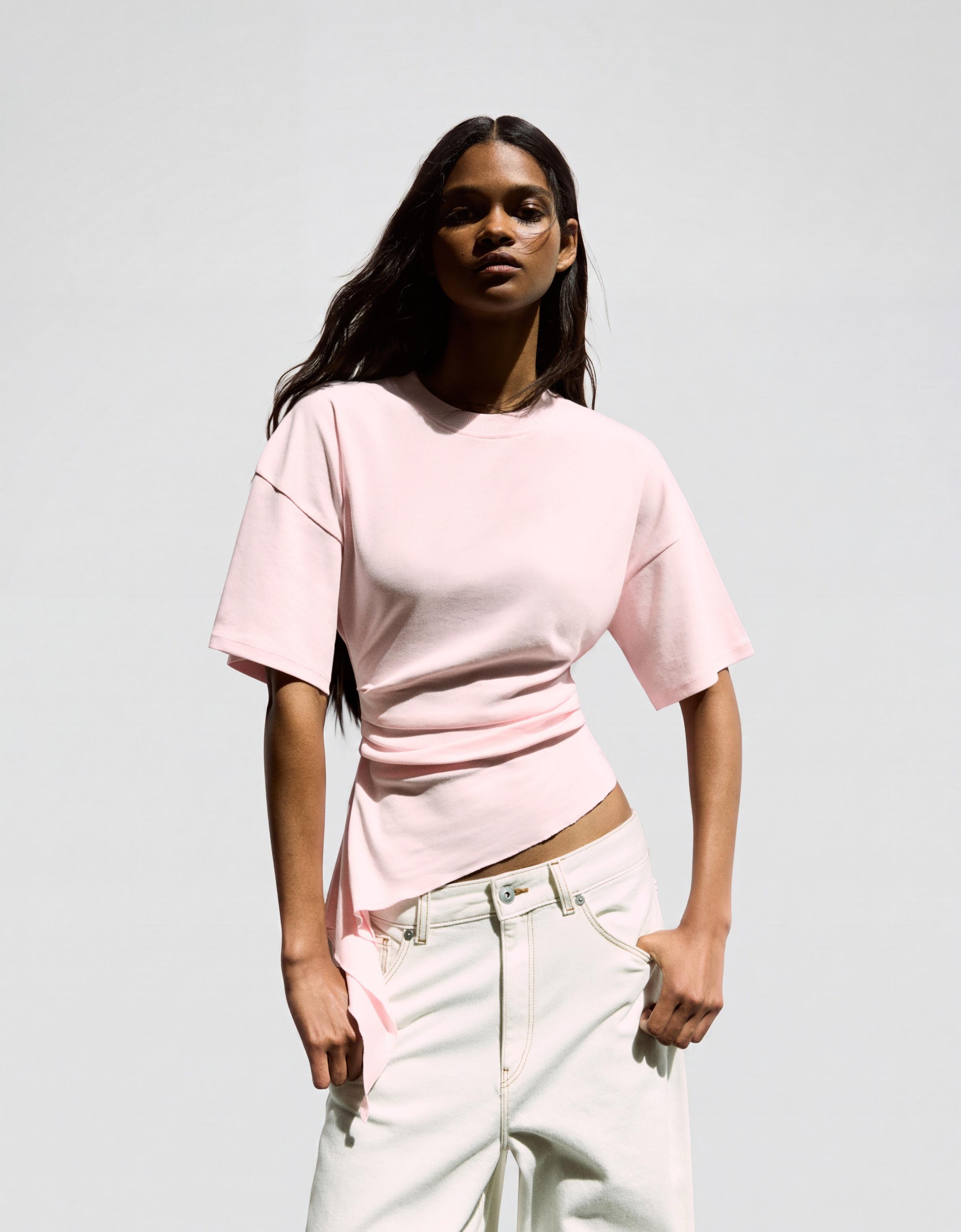 Short sleeve gathered T-shirt — Pink