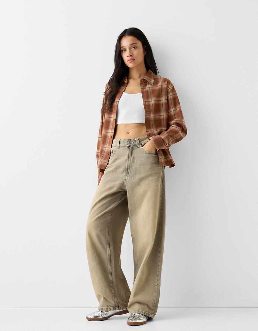 Camisa manga comprida cropped quadrados-Marrom-4