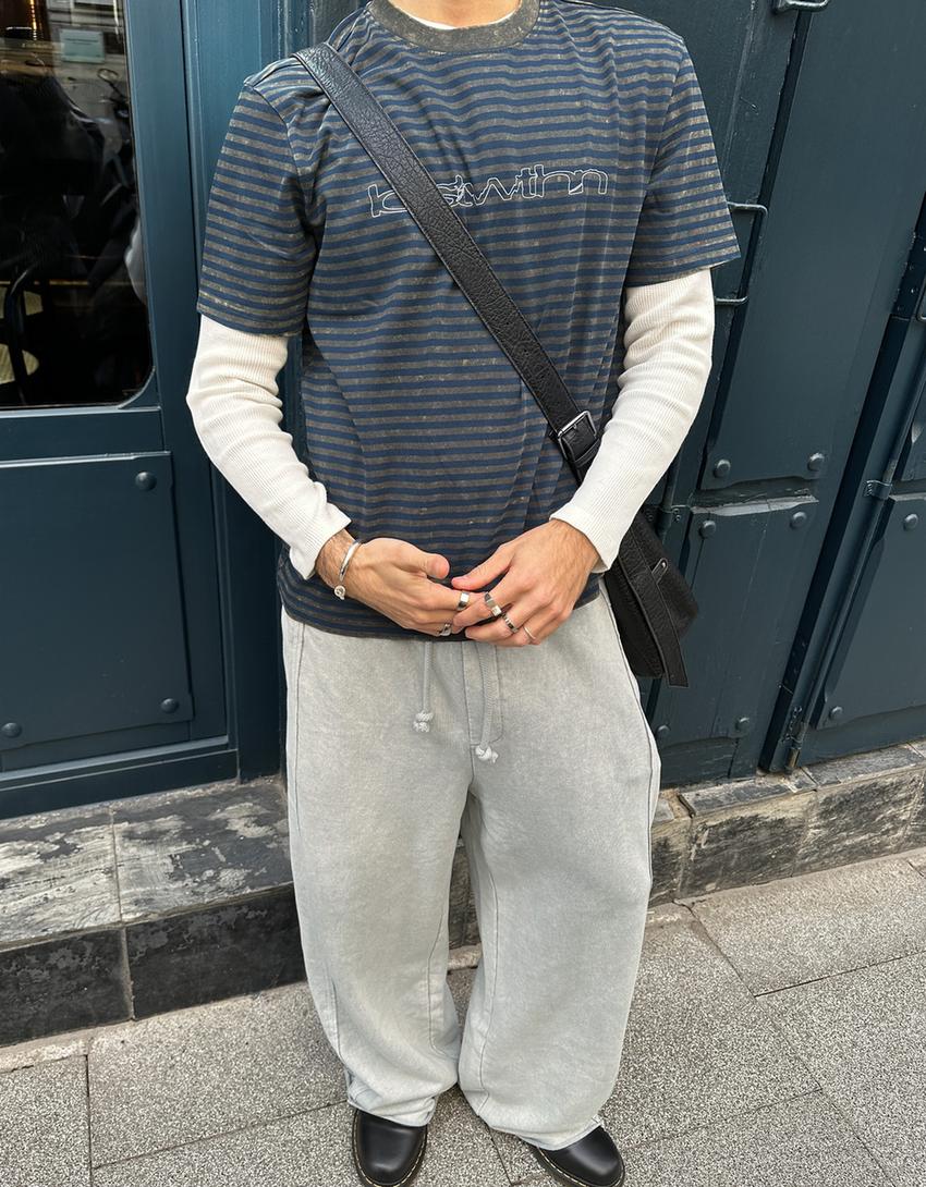 Regular fit striped T-shirt with print-Light blue