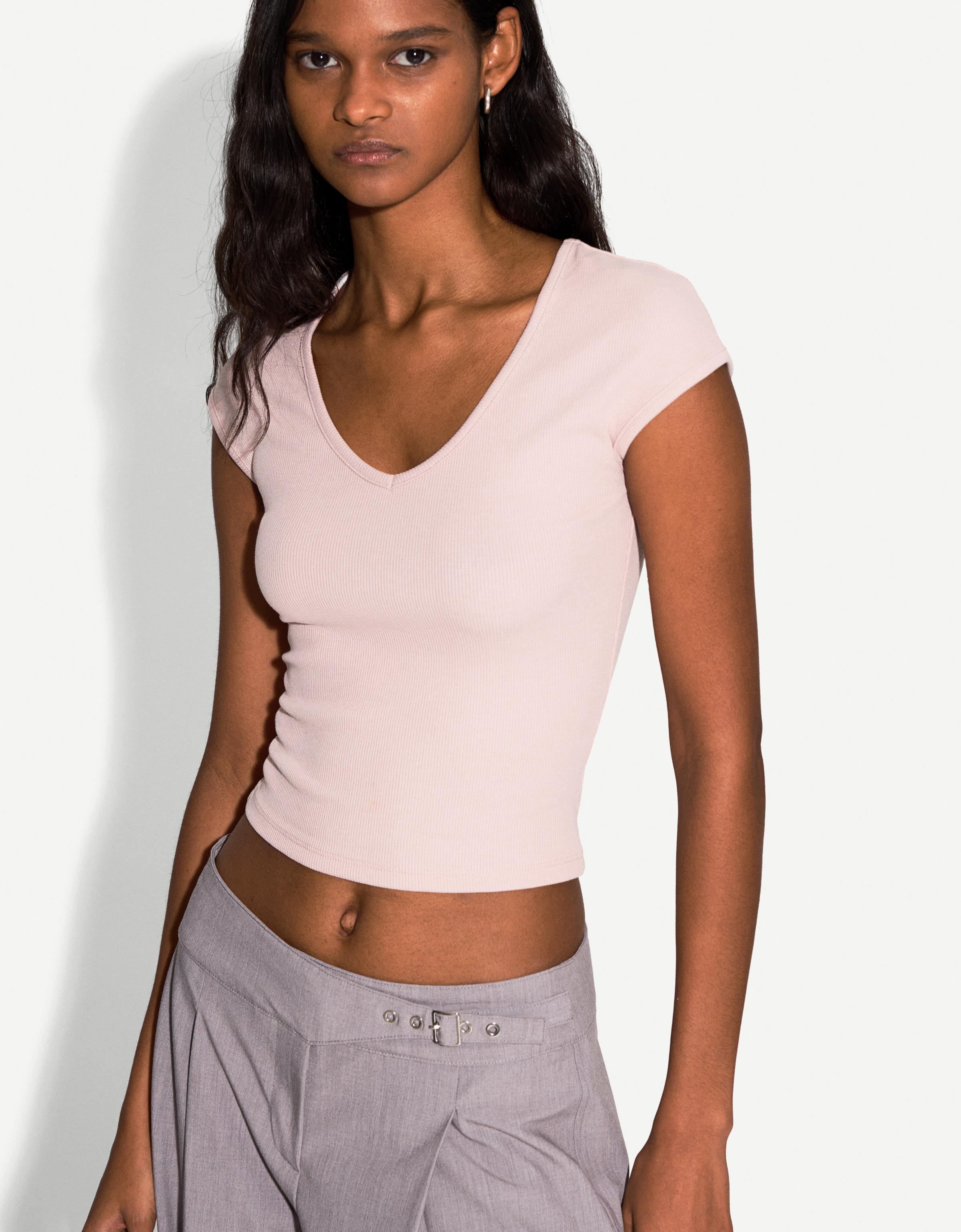 Bershka T-Shirt Mit V-Ausschnitt Damen Xs Rosa