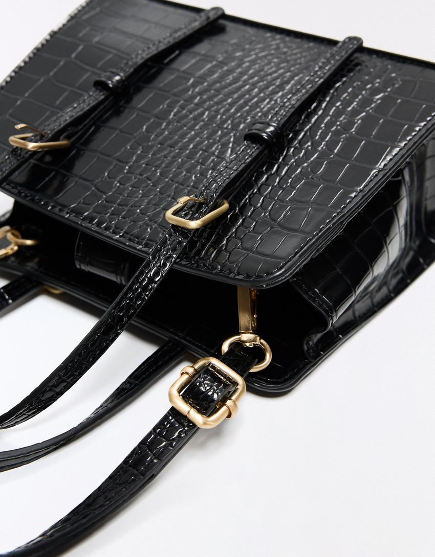Strukturierte Box-Tasche mit Schnallen-Schwarz