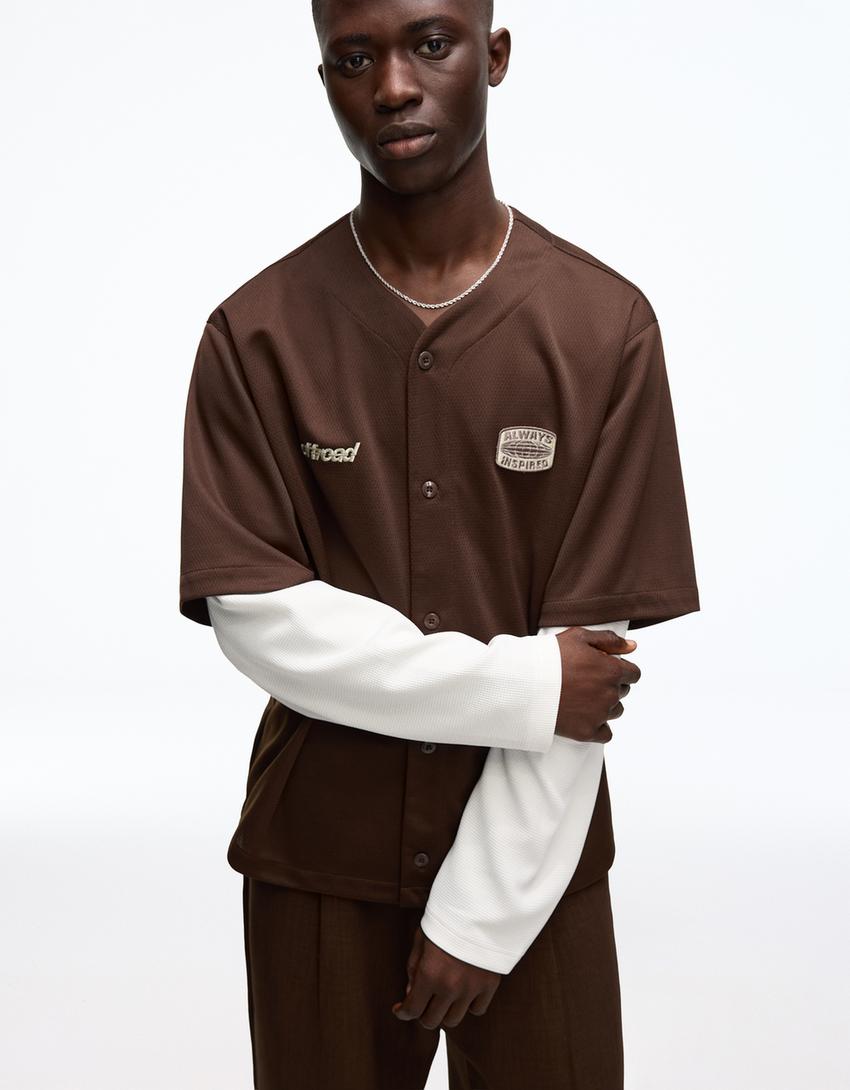 Embroidered double sleeve boxy shirt-Brown