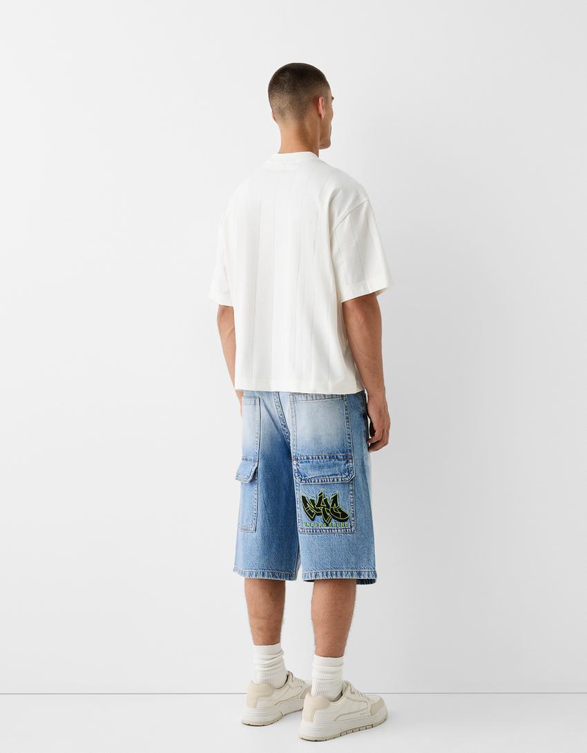 Calções bermuda denim super baggy bordado-Azul lavado-2