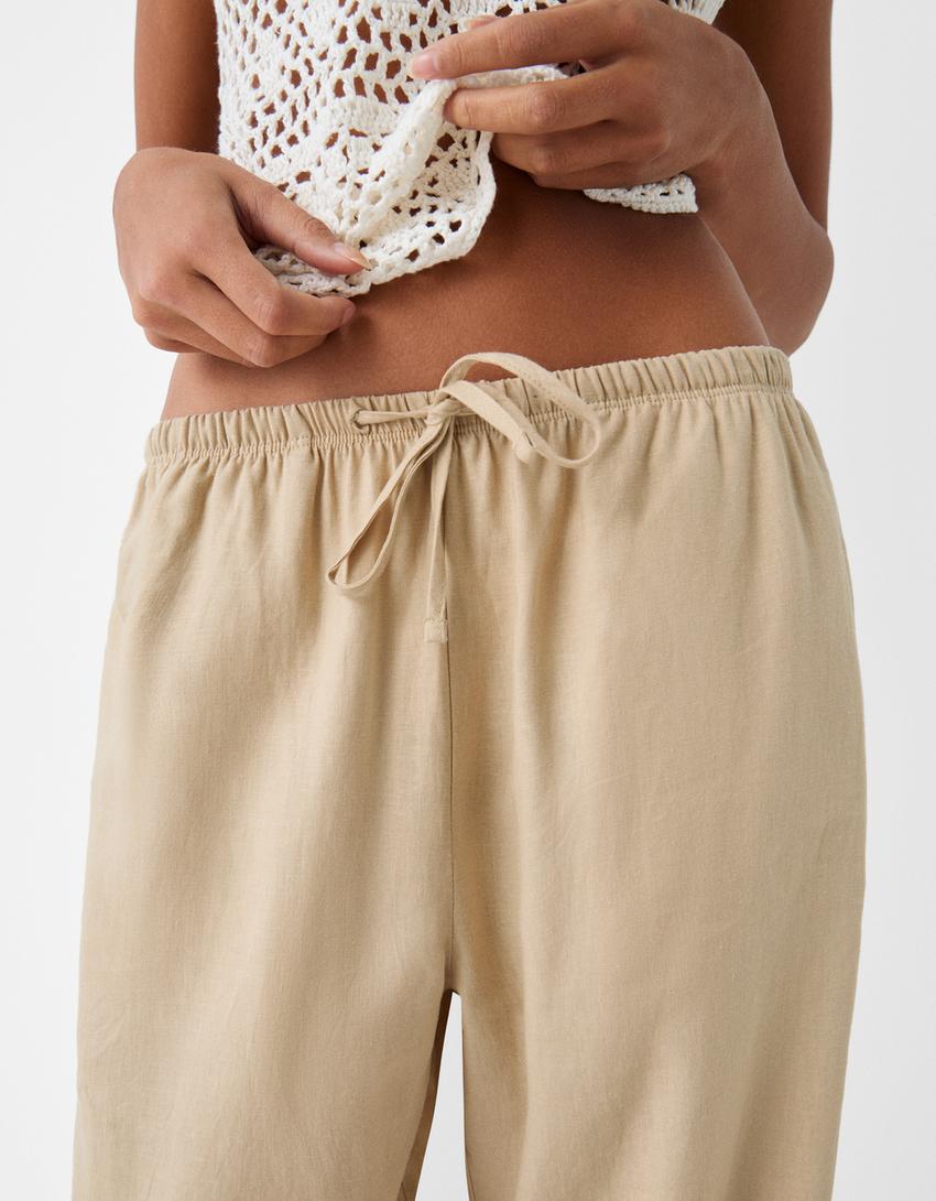 Pantaloni straight fit in misto lino con vita elasticizzata-Sabbia-3