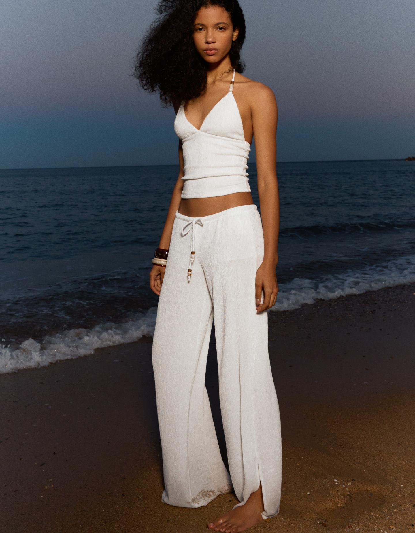 Bershka Pantalón Wide Leg Cintura Elástica Mujer Crudo