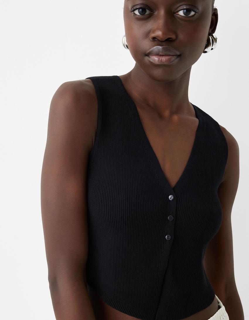 Knitted V-neck vest-Black-2