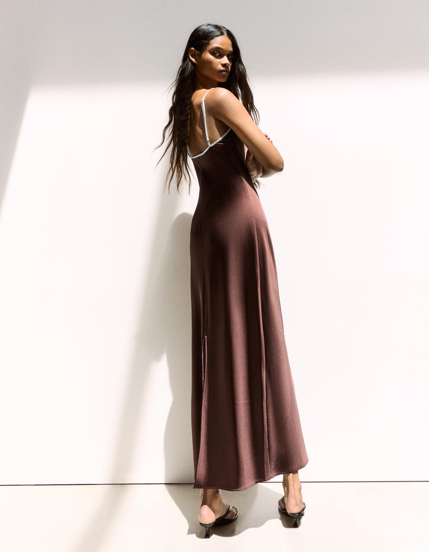 Rochie midi satin bretele-Ciocolată