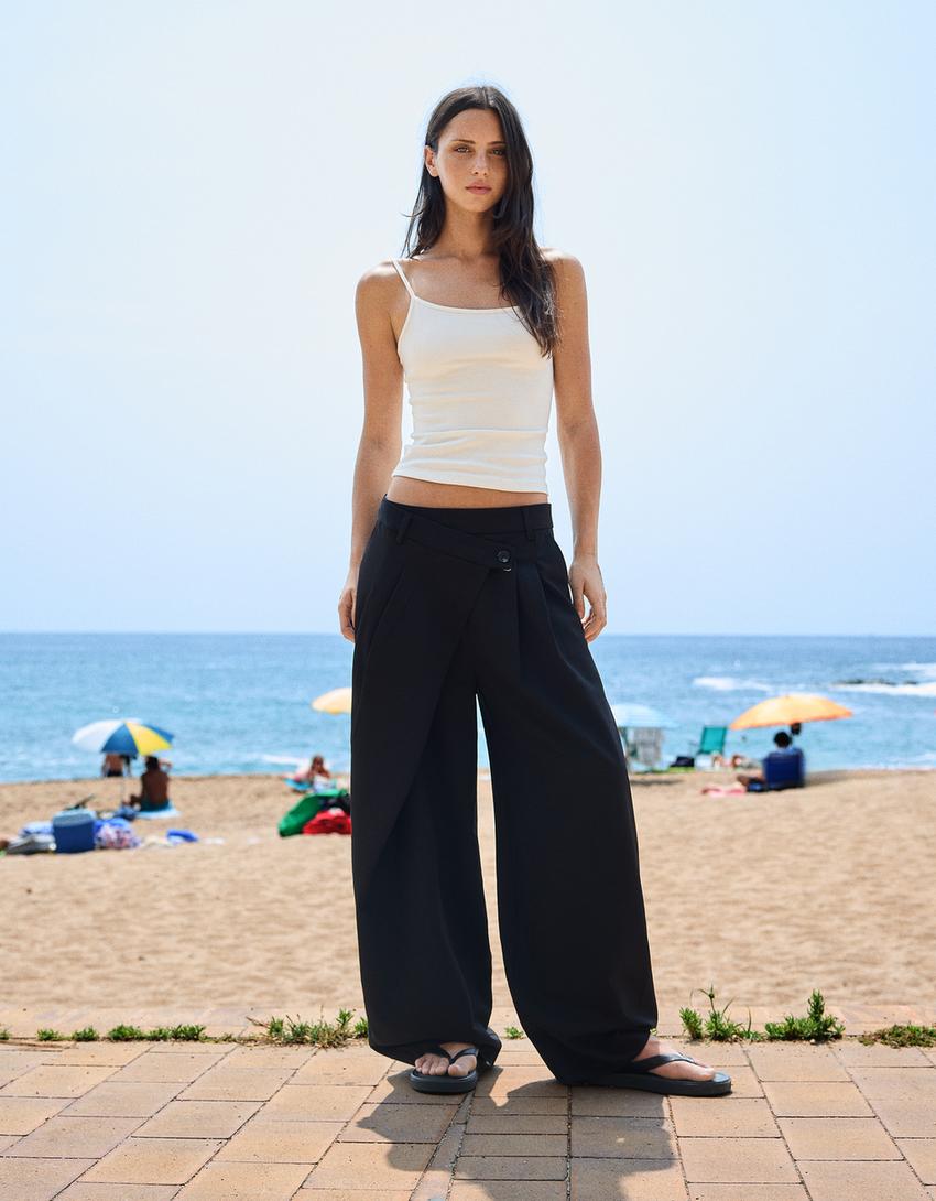 Tailored Hose mit überkreuzter Taille-Schwarz-0