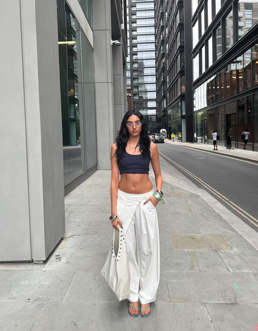 Tailored fit trousers with crossover waist-Cream