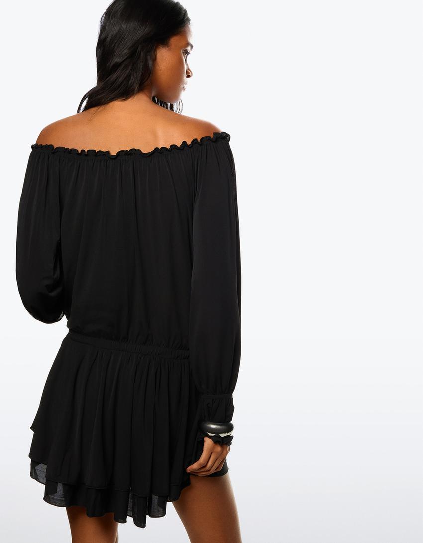 Vestido manga larga mini boho-Negro-1