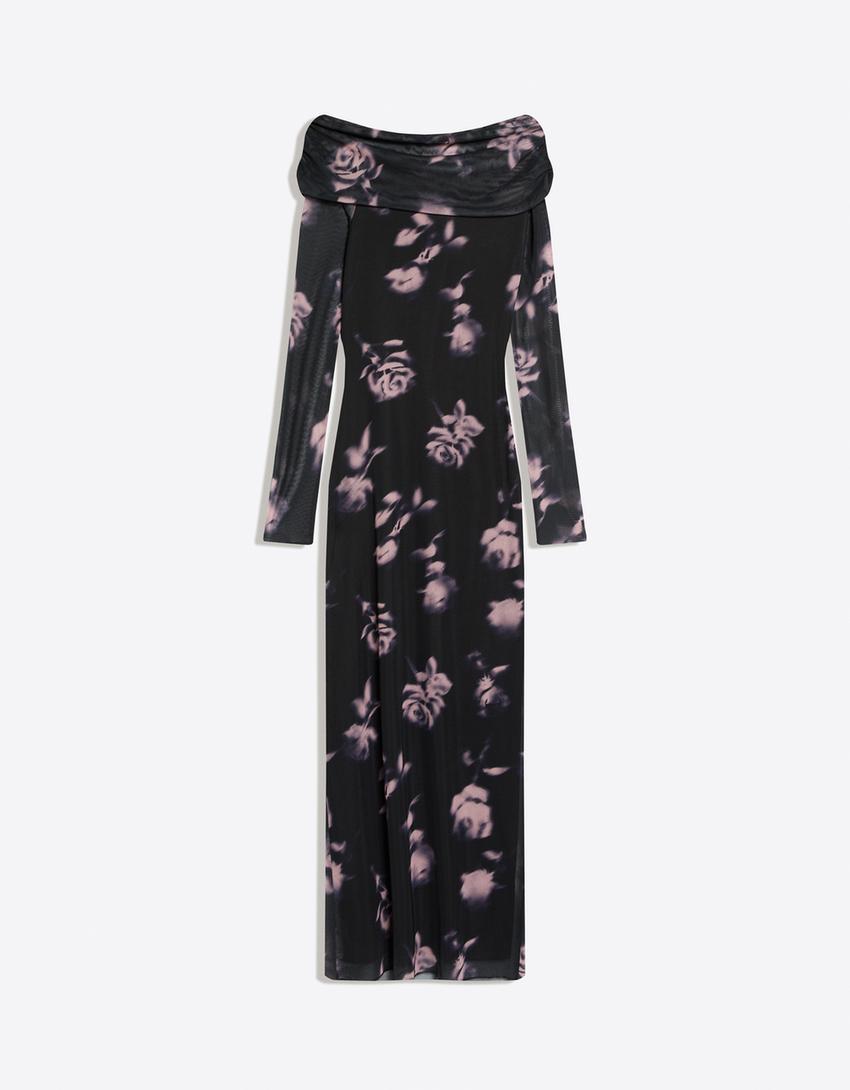 Robe midi manches longues bardot tulle imprimé-Gris