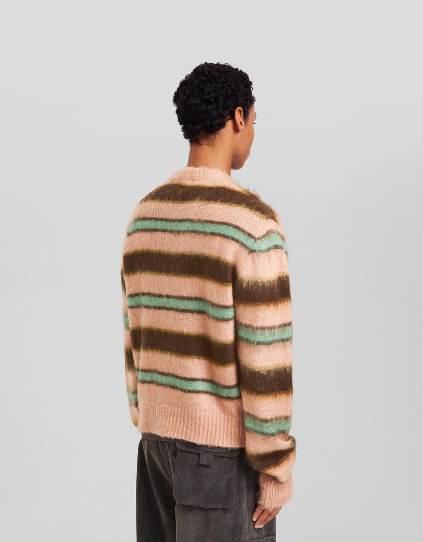 Pull fausse fourrure rayures-Rose-1