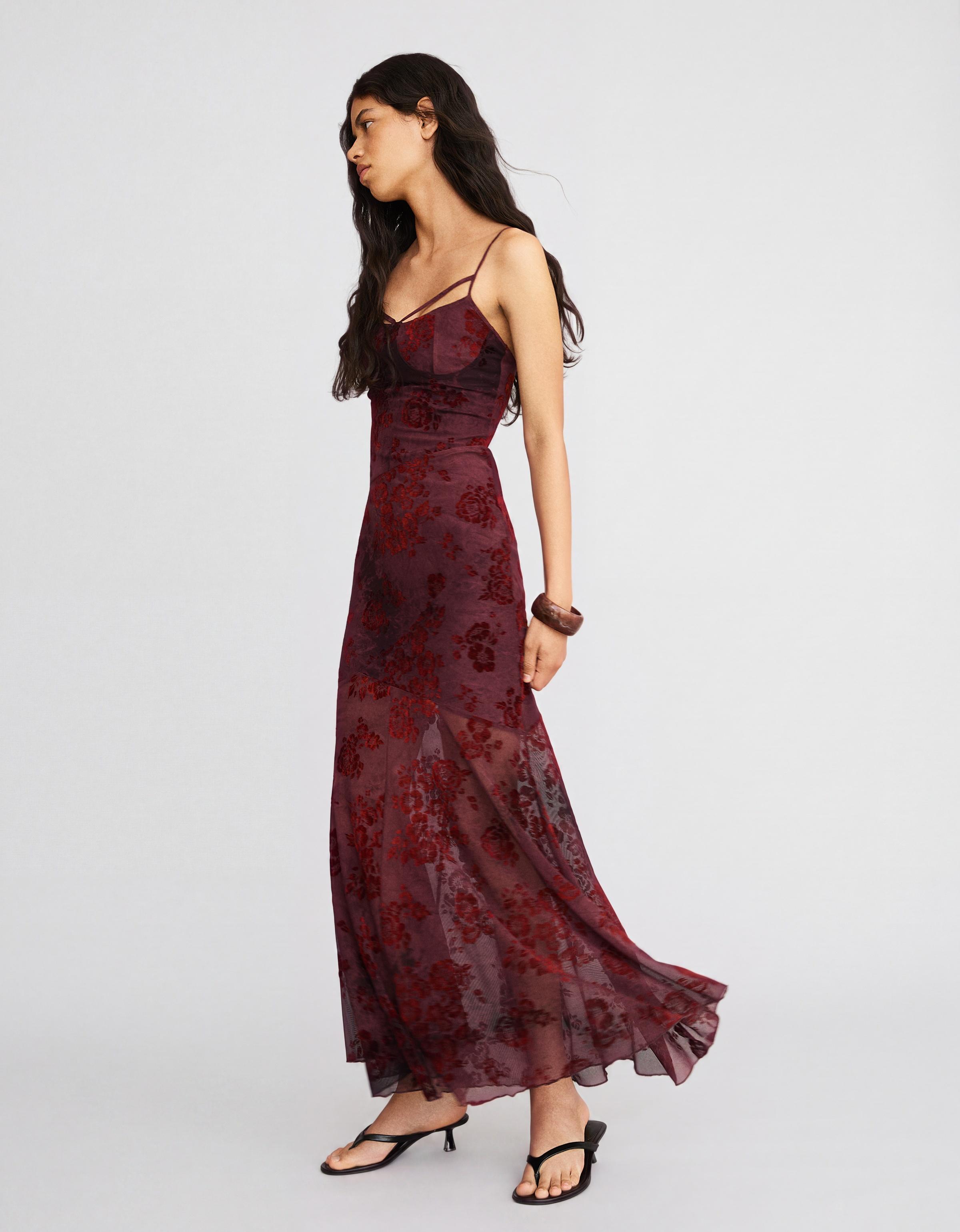 Flocked tulle midi dress with straps — Brown