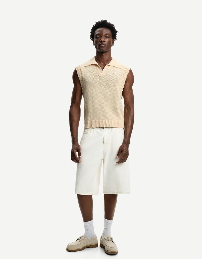 Rustic polo collar vest-Sand