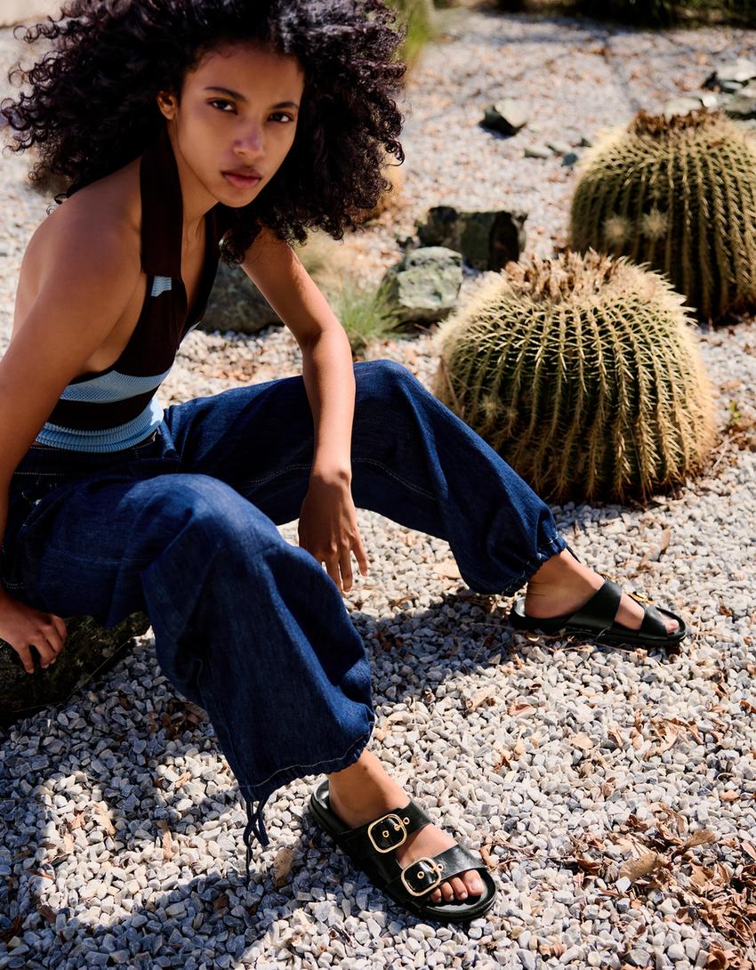 Buckled flat slider sandals-BLACK