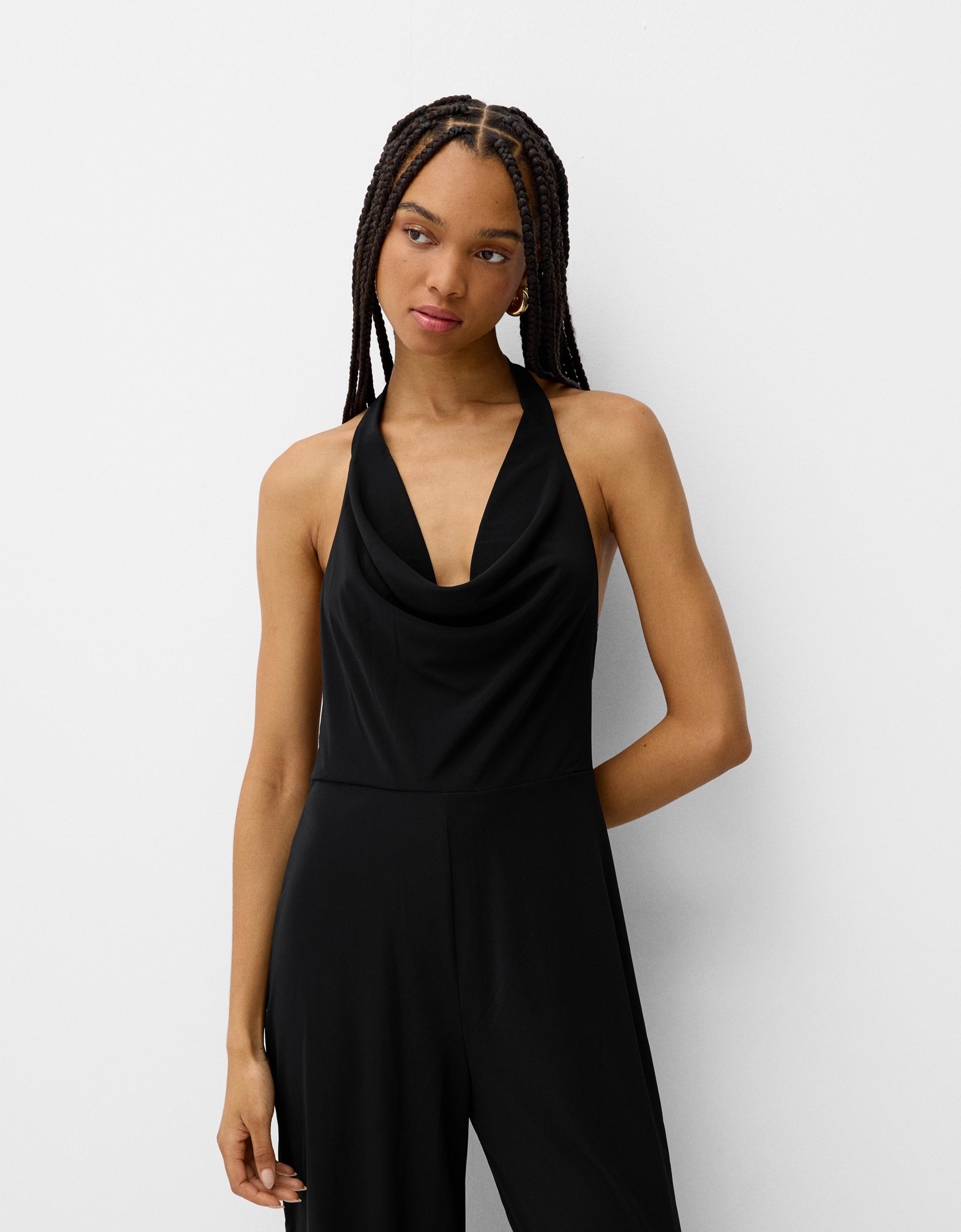 Bershka Drapierter Jumpsuit Mit Neckholder Damen L Schwarz