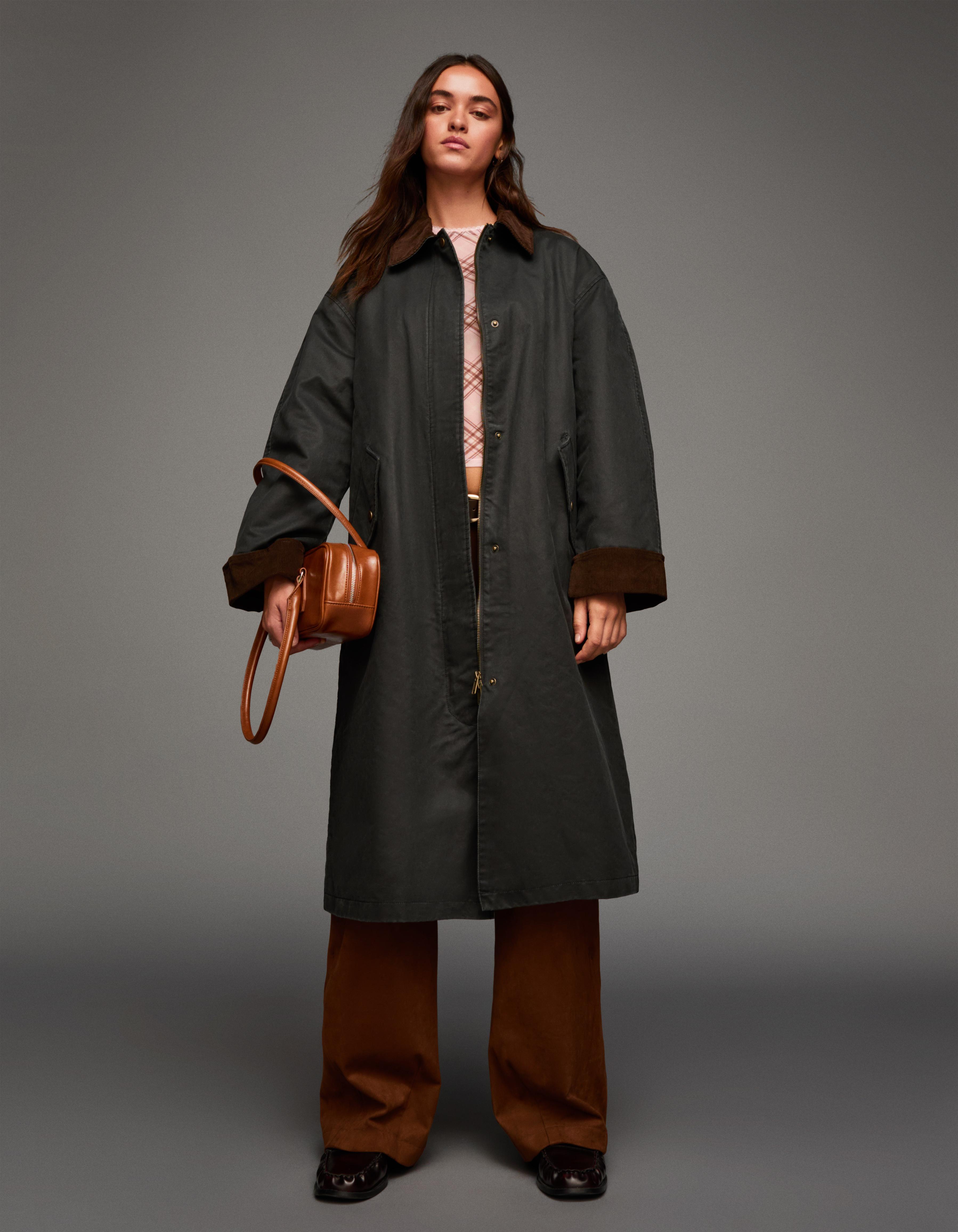 Bershka Gewachster Mantel Mit Kontrastkragen Damen M-L Khaki
