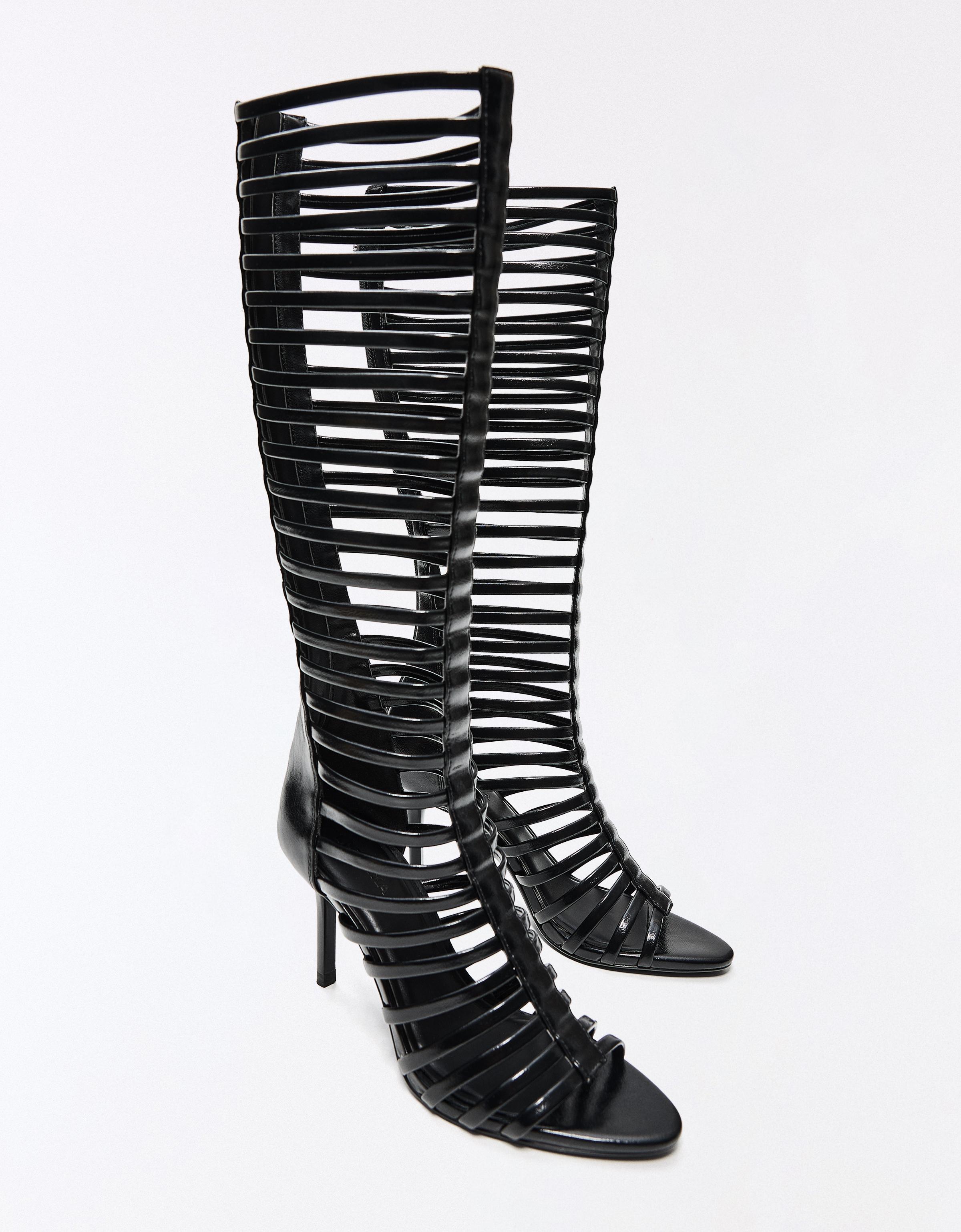 MULTI-STRAP HEELED BOOT SANDALS — BLACK