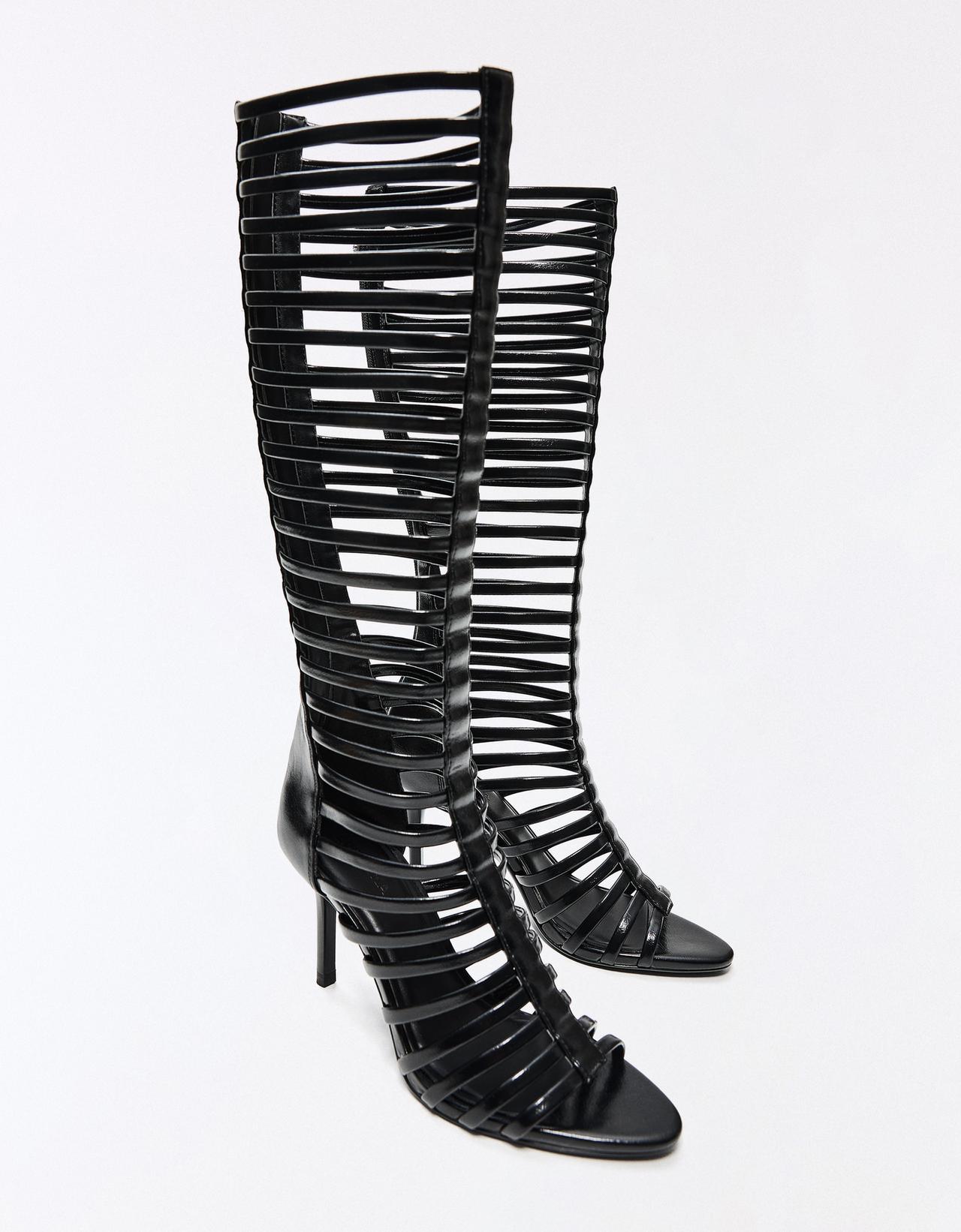 MULTI-STRAP HEELED BOOT SANDALS — BLACK