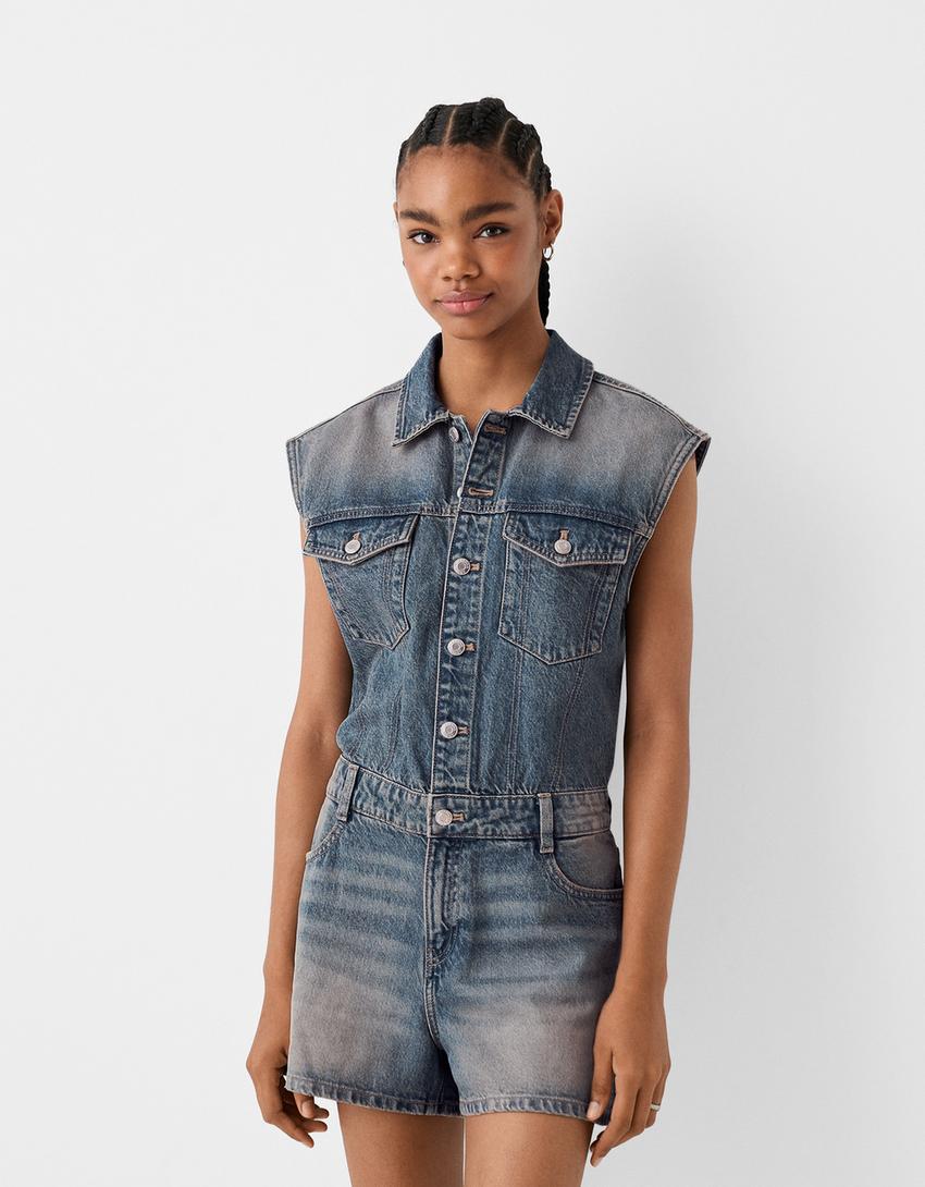 Macacão de ganga curto-Azul lavado-1