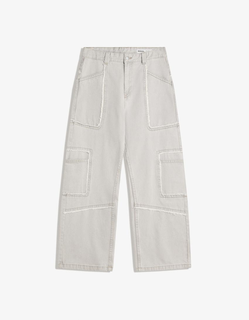 Jeans baggy fit com franjas-Cinza-3