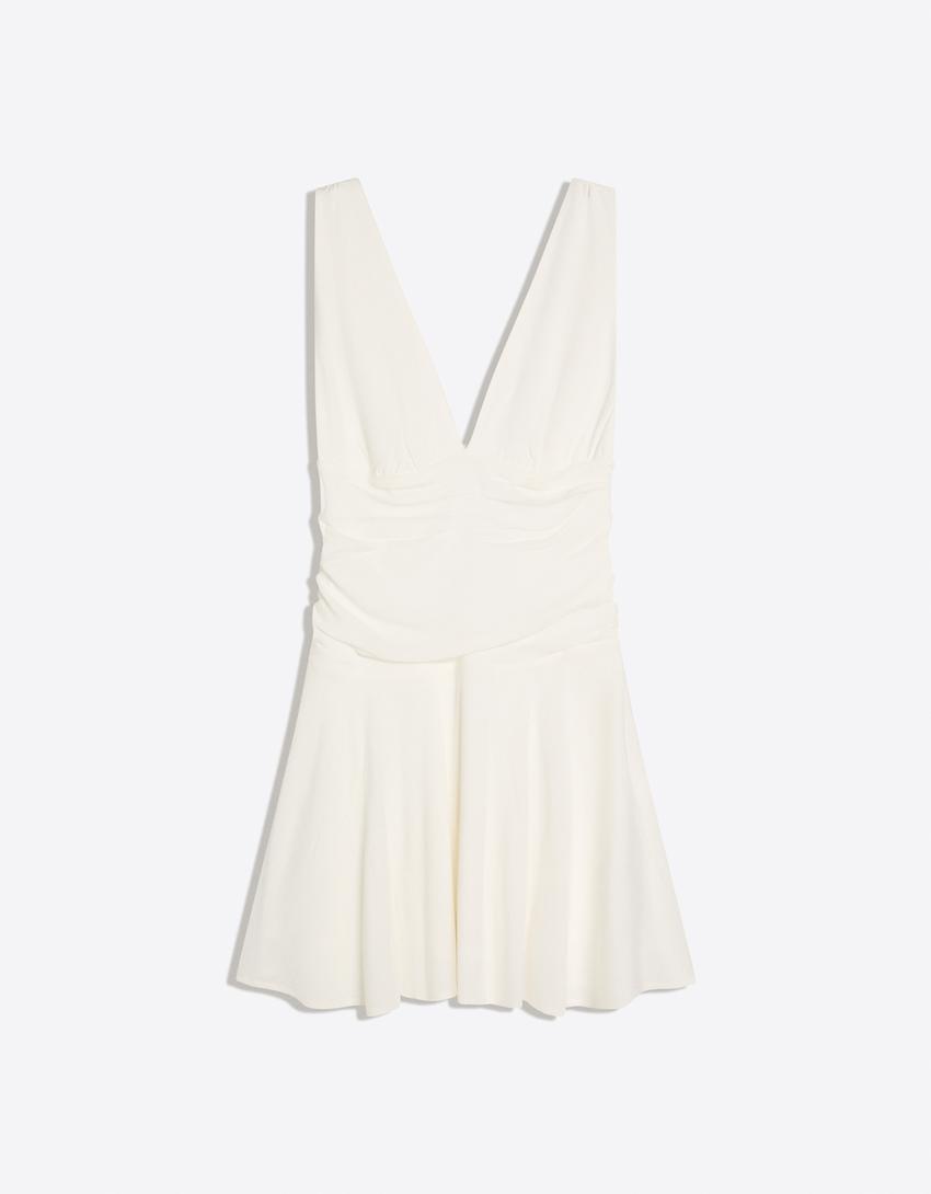 Drapeli mini elbise-Kirli beyaz