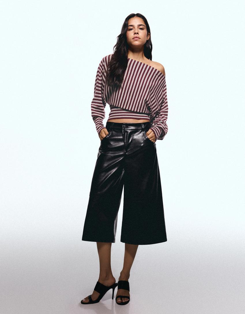 Striped asymmetric neck sweater-Burgundy