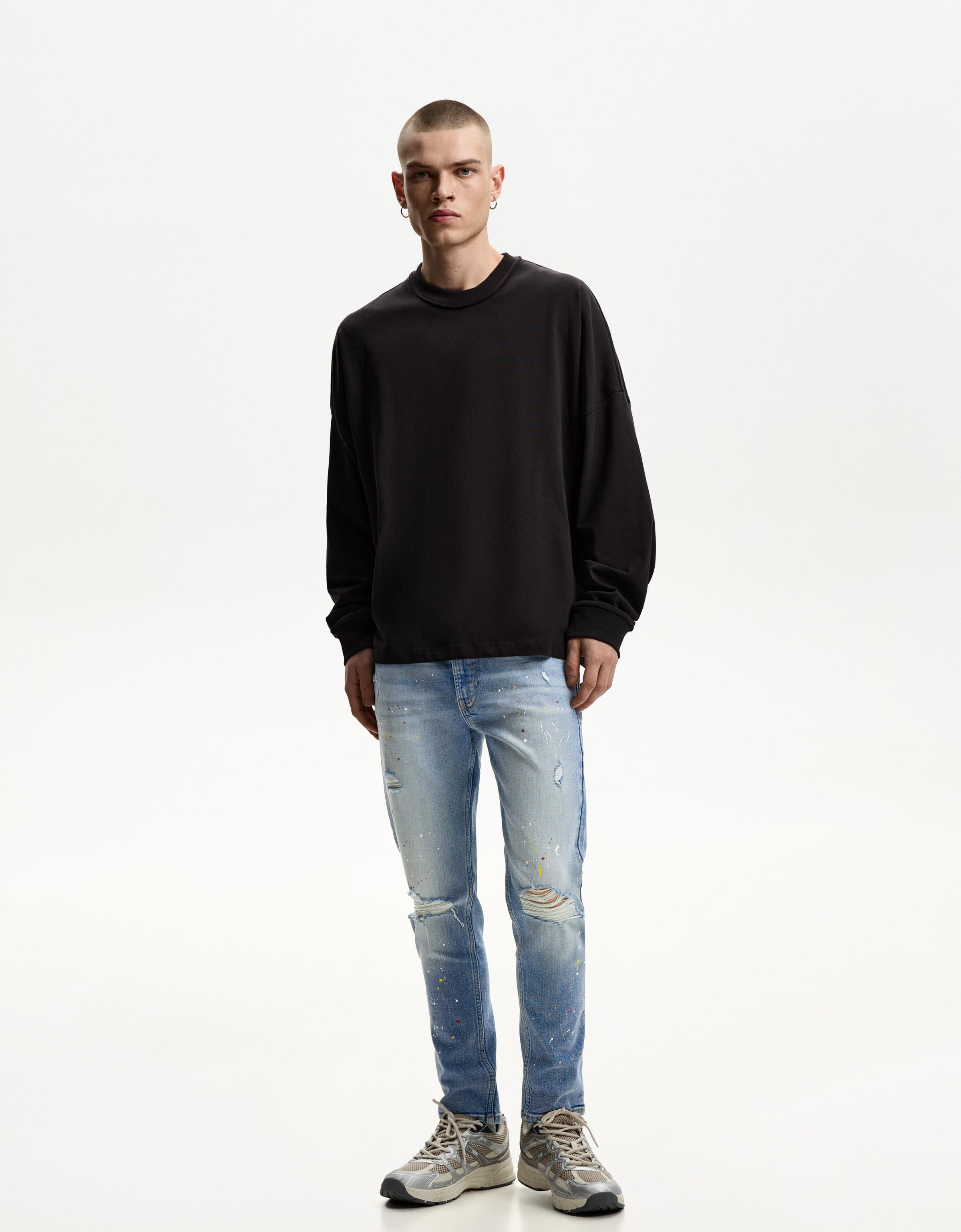 Thumbnail - Bershka Super Skinny Jeans Mit Rissen Herren 48 Ausgewaschenes Blau