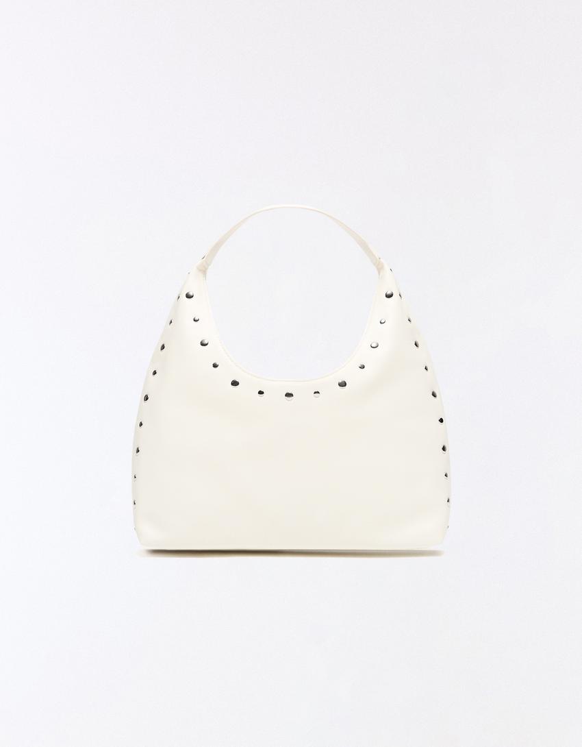 Studded leather effect bucket bag-Cream