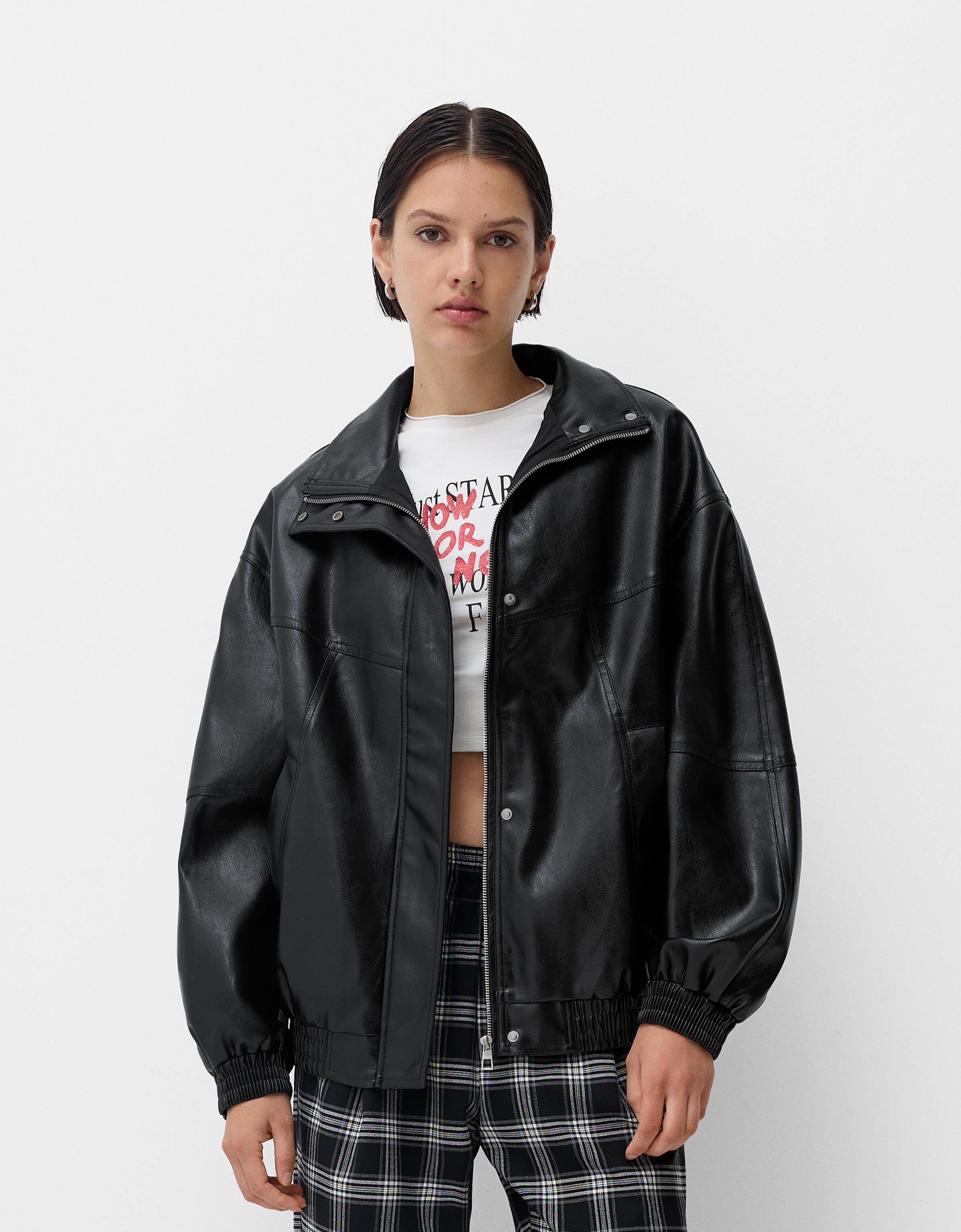 Veste en cuir noir bershka sale