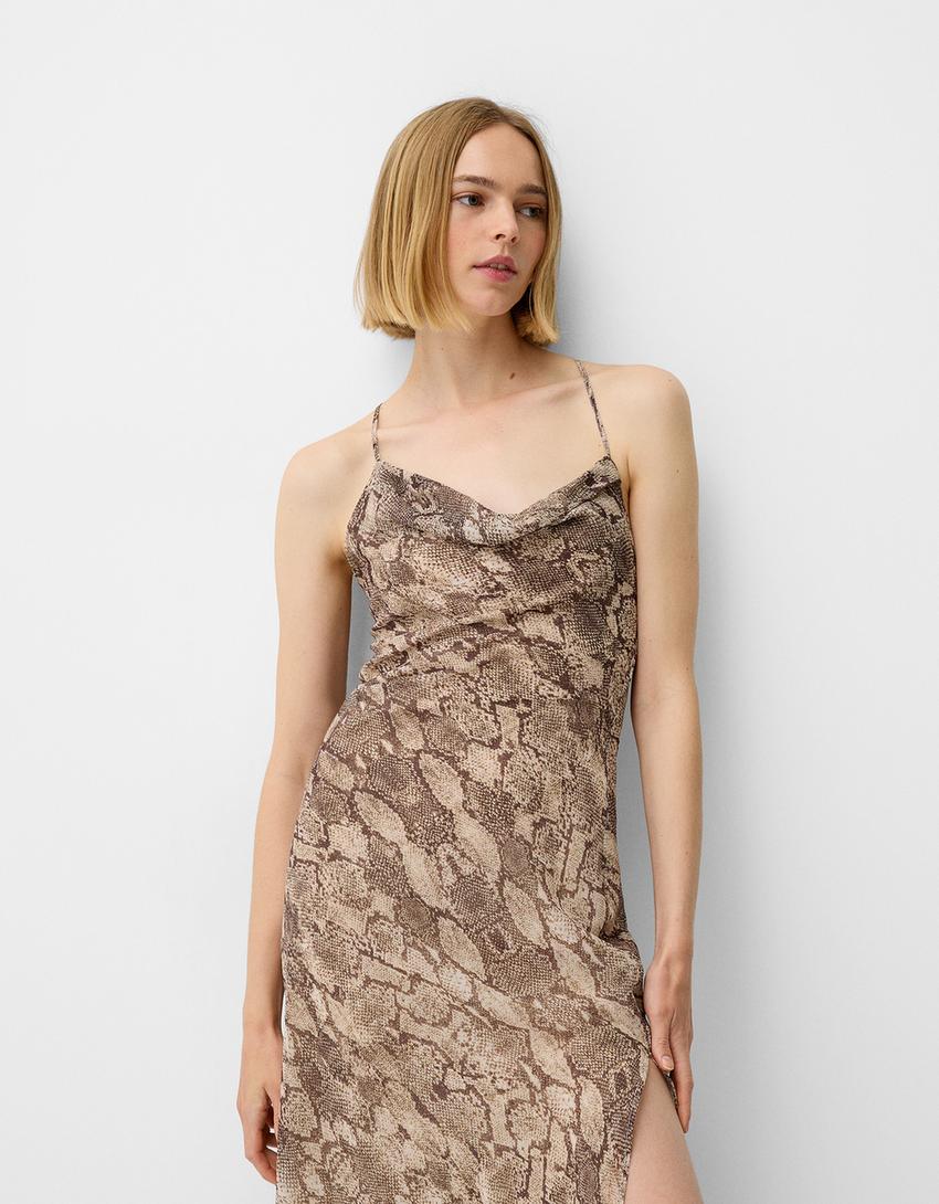 Vestido maxi chiffon estampado animal-Beige-1