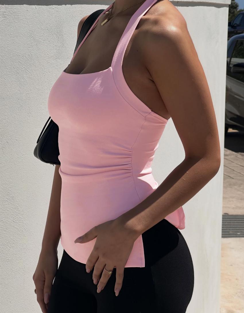 Halter yaka top-Pembe