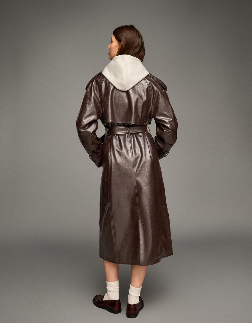 Oversized trenchcoat met leereffect-Bruin