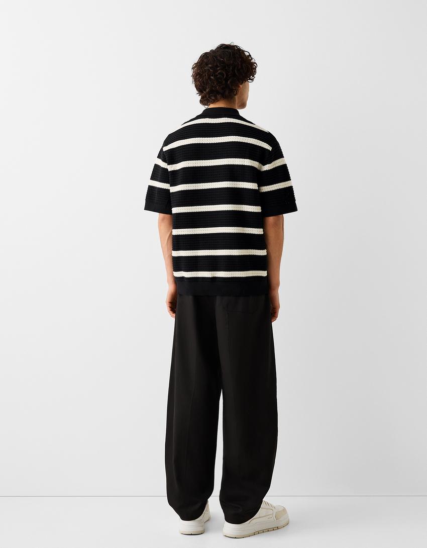 Textured striped short sleeve polo shirt-Black-1