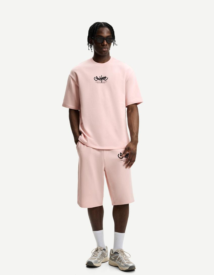 T-shirt manches courtes molleton imprimé-Rose-3