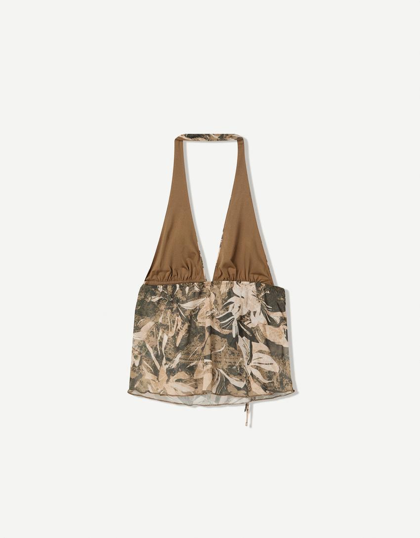 Top halter tul frunces print-Kaki