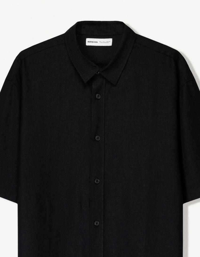 Short sleeve linen blend shirt-Black-2