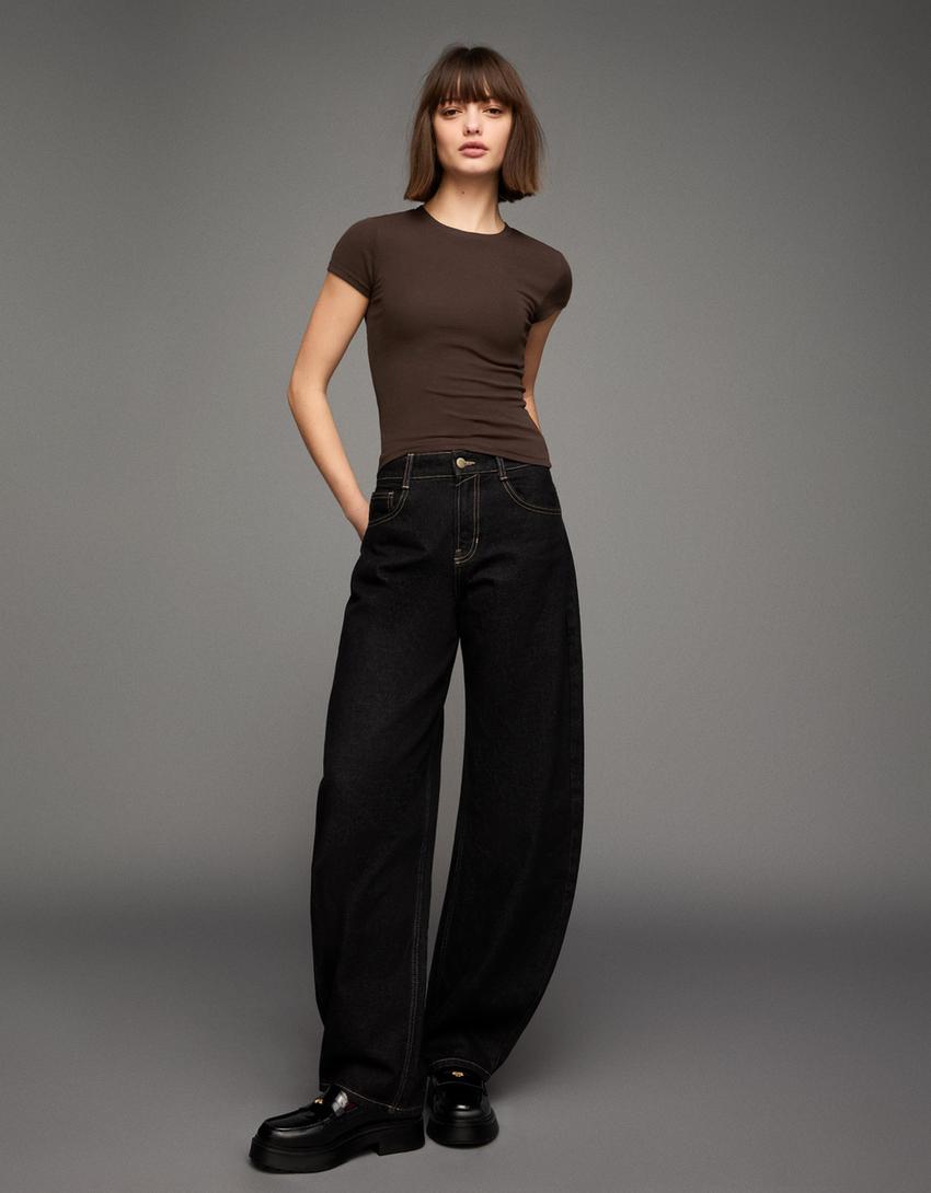 Футболка з круглим коміром і короткими рукавами-Коричневий