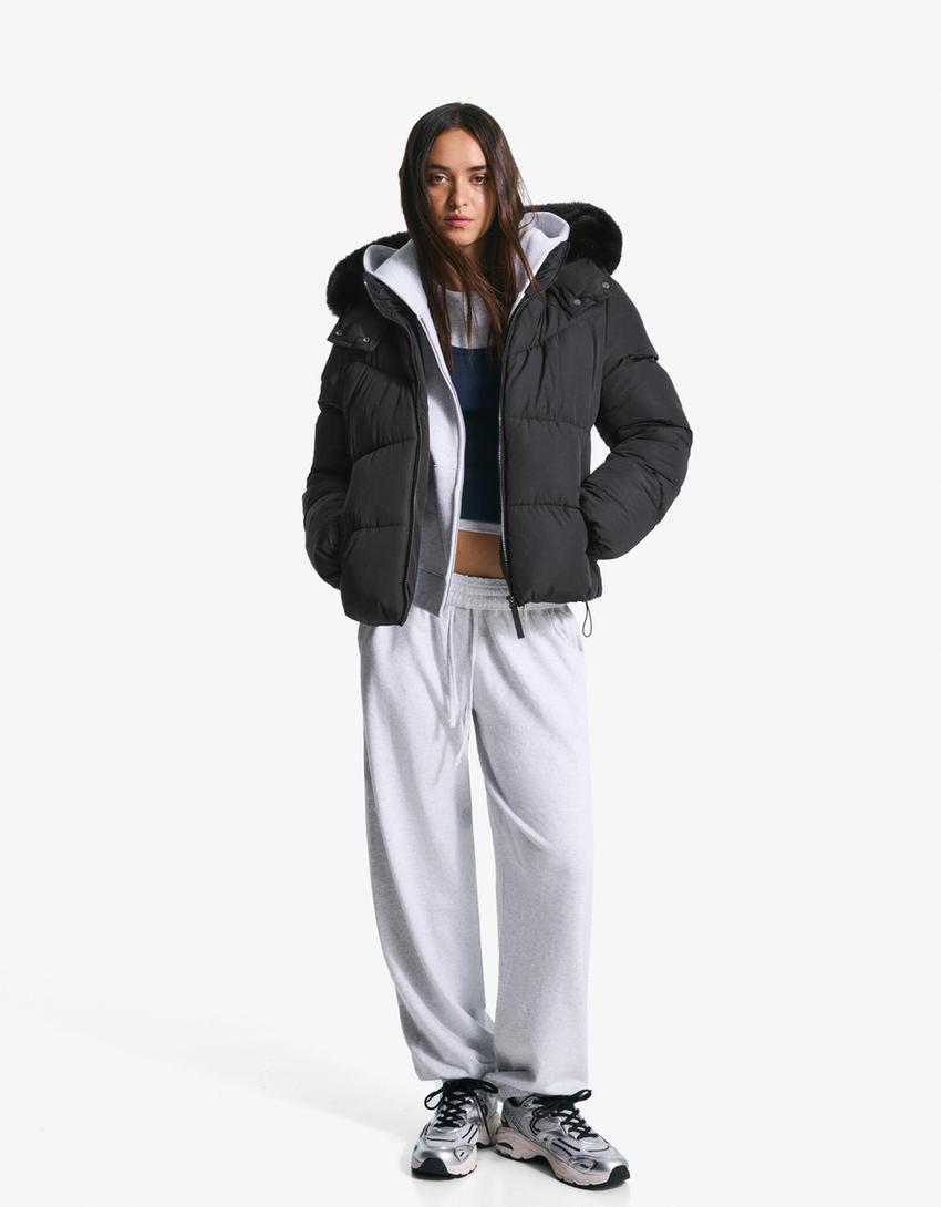 Puffer jacket with faux fur hood-Black-0