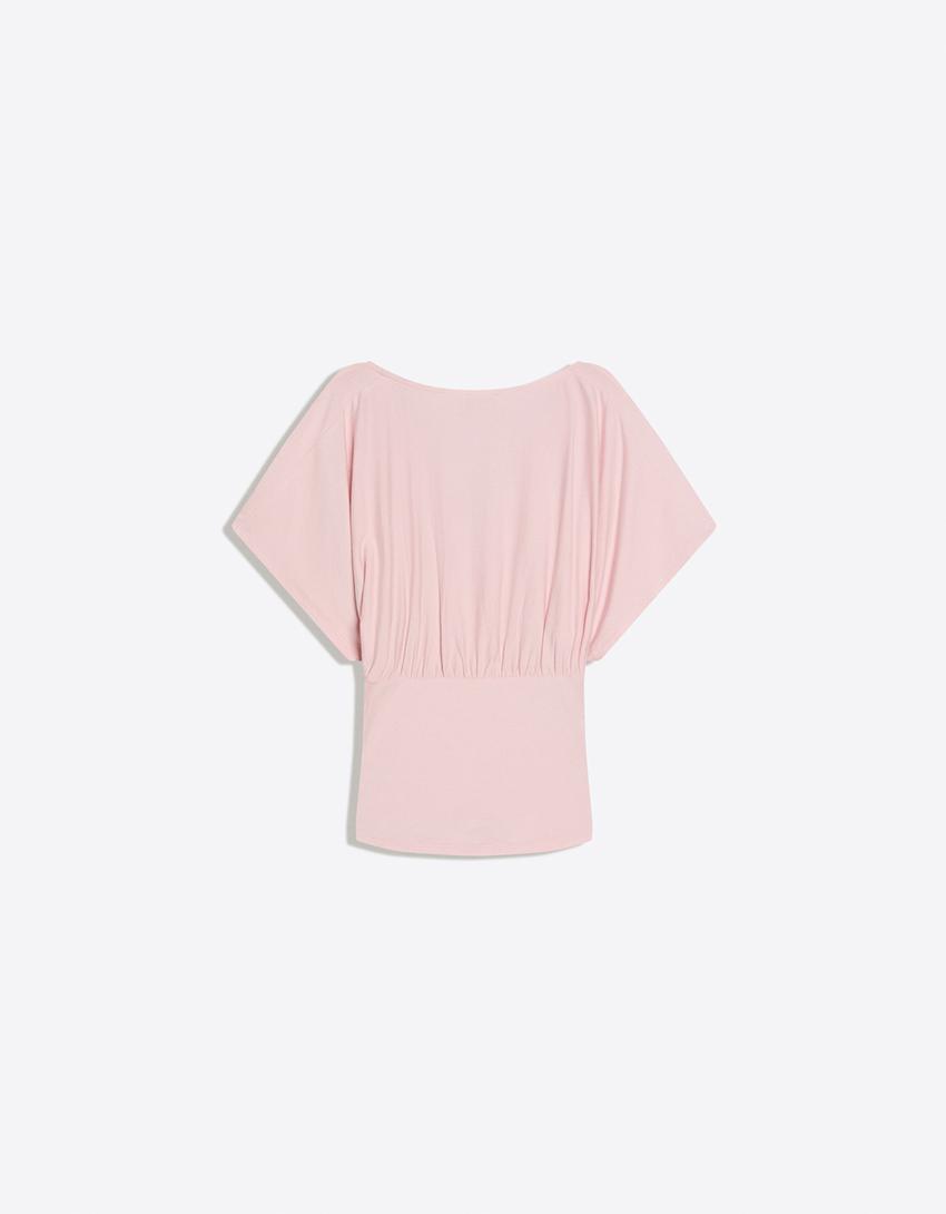 Gathered V-neck T-shirt-Pink