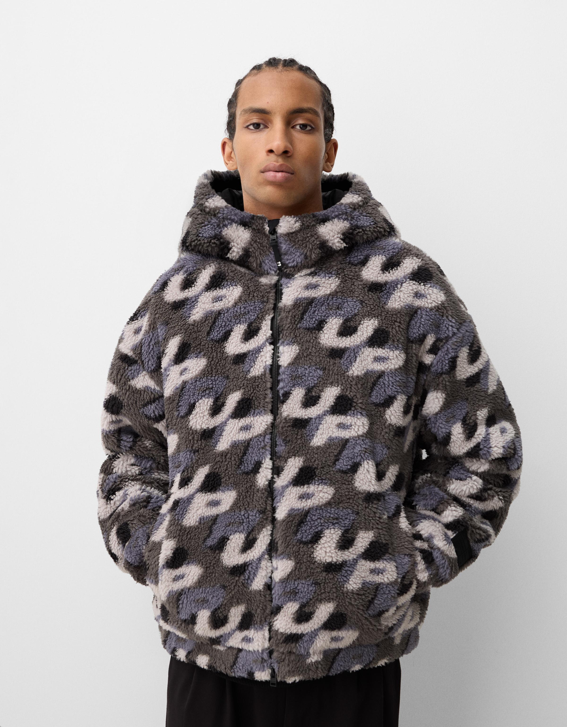 Bershka Lammfellimitat-Jacke Mit Print Herren Xl Schwarz