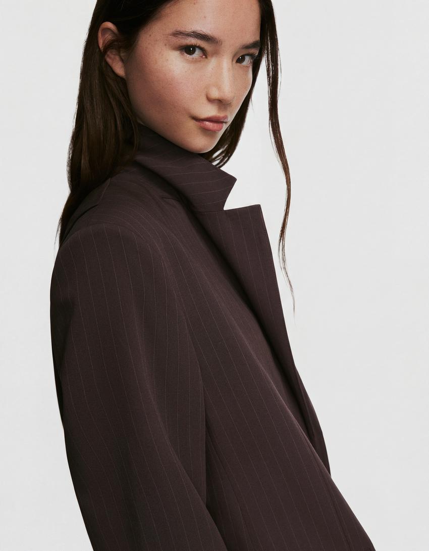 Blazer double-breasted bergaris-Cokelat