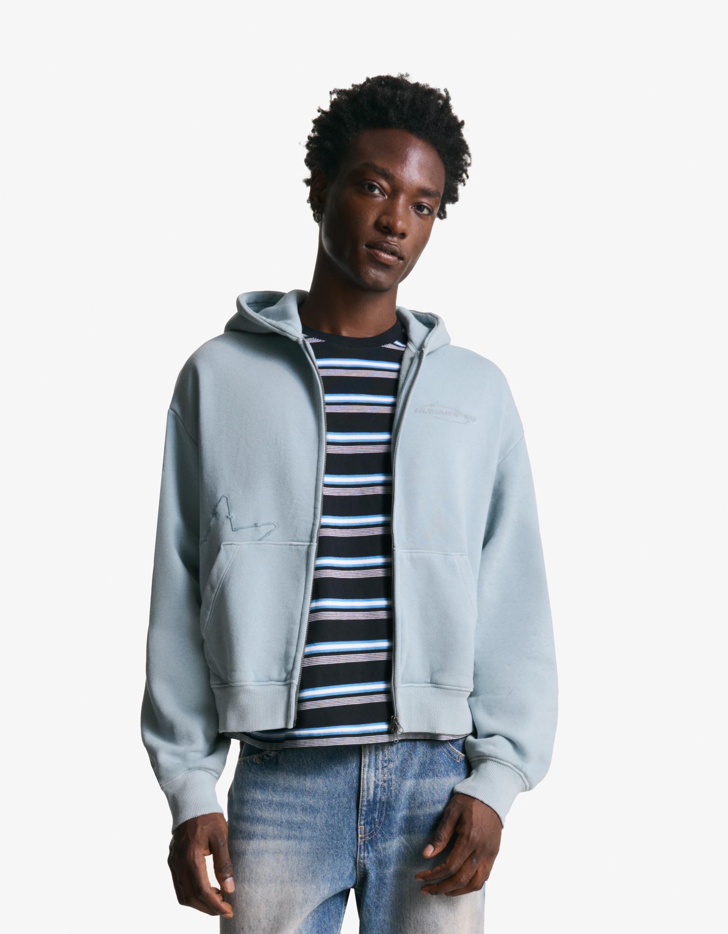 Bershka Sudadera Cremallera Cropped Bordado Hombre L Azul Claro