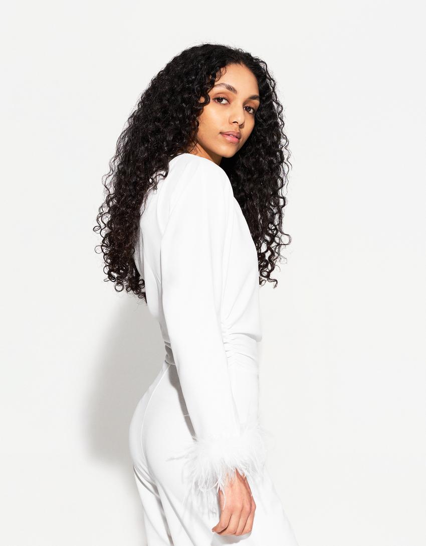 Asymmetric jumpsuit with feathers-White-1