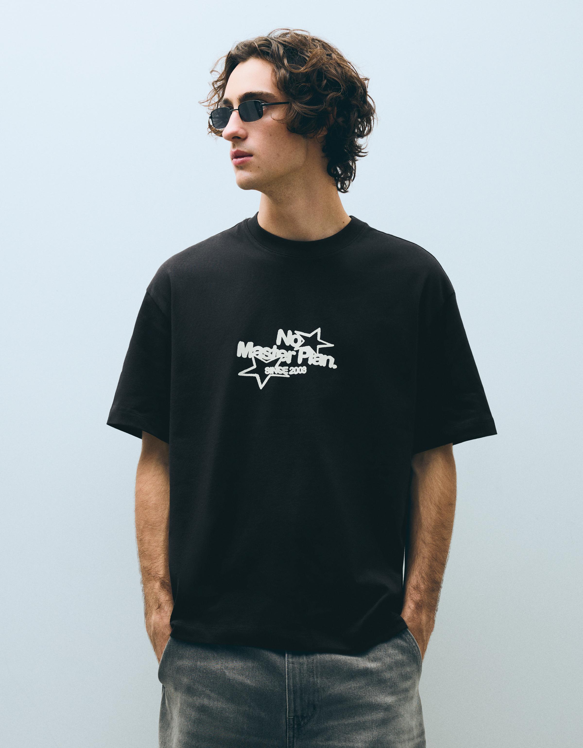 Bershka Camiseta Boxy Print Hombre Negro