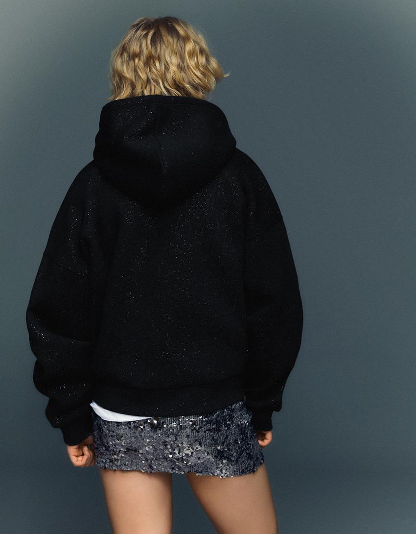 Hanorac cu glugă cu sclipici-Negru
