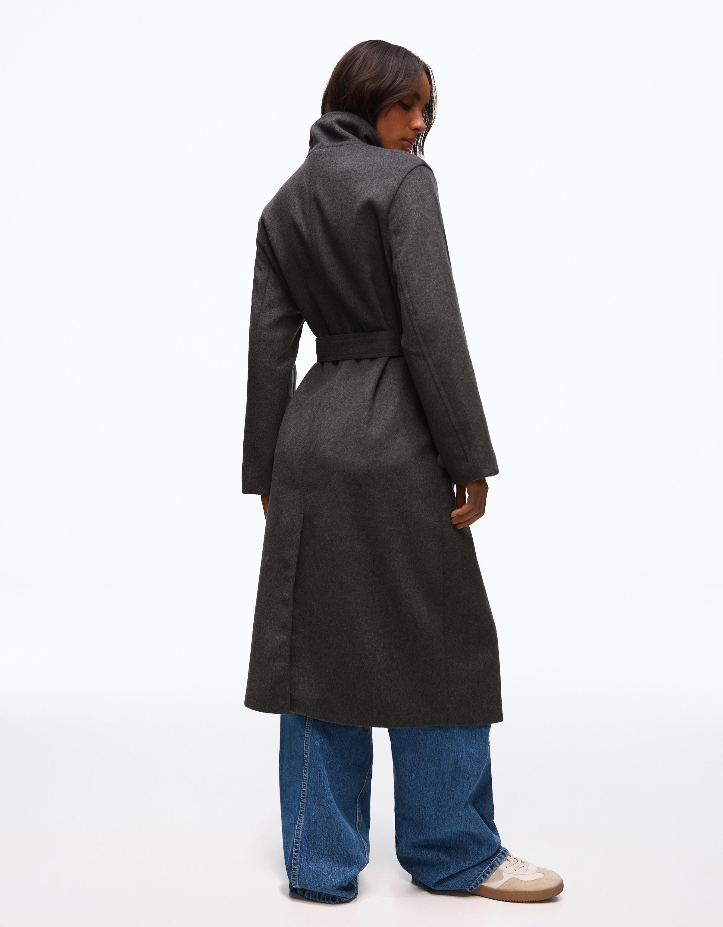 Long funnel neck coat with belt — Dark grey